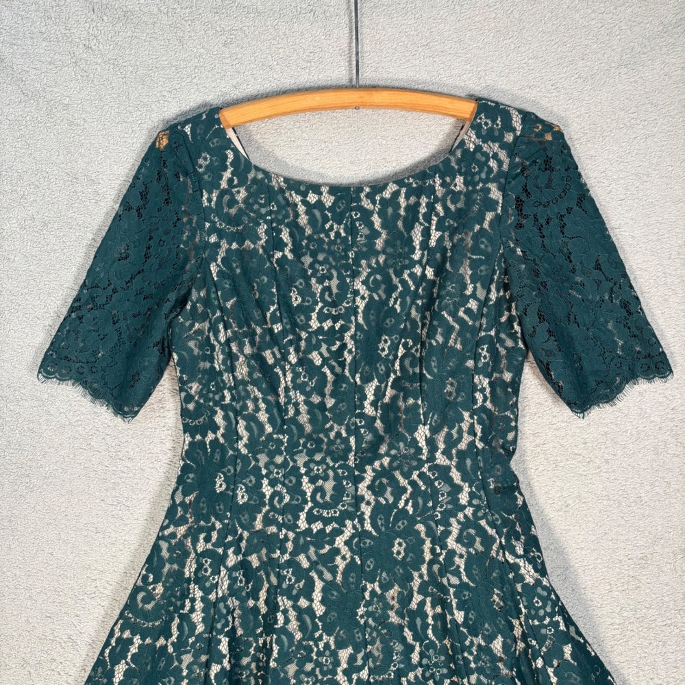 Eliza J Lace Fit N Flare Dress Size 6 Evergreen Lined Midi Illusion Lace Overlay - Picture 3 of 12